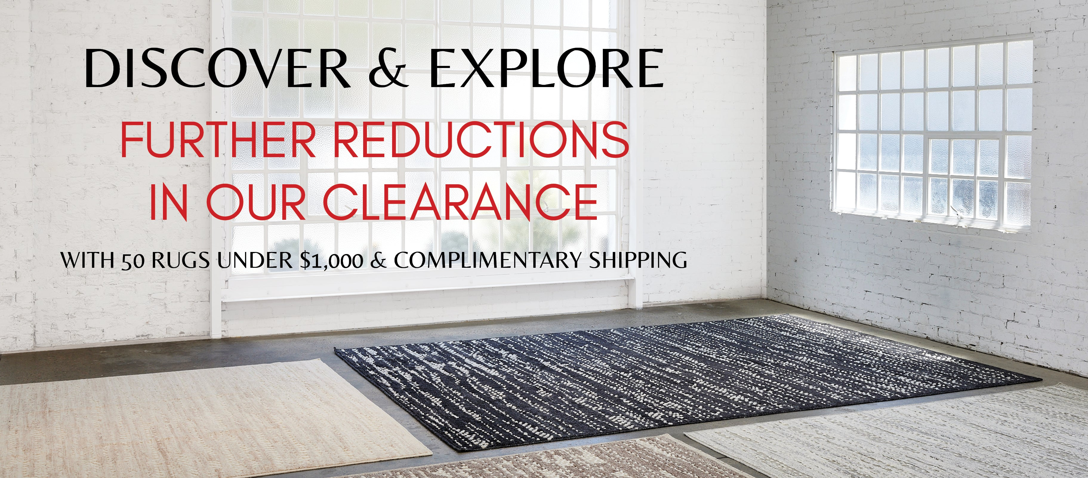Clearance sale advertisement for handwoven rugs with a rug displayed in a room, available in Sydney and Melbourne, Australia