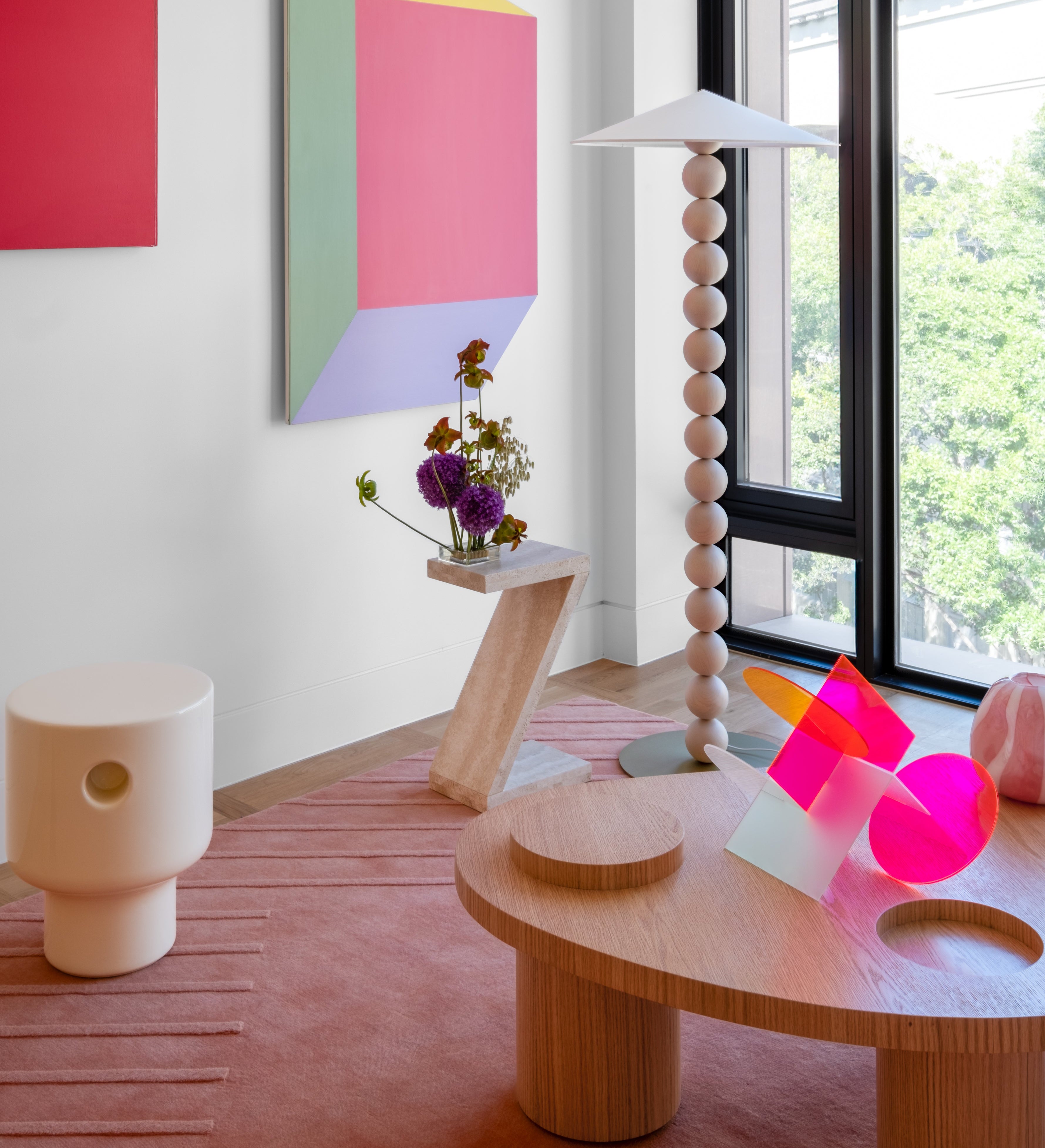 Modern studio sand handwoven Rug used for styling events to display modern arts