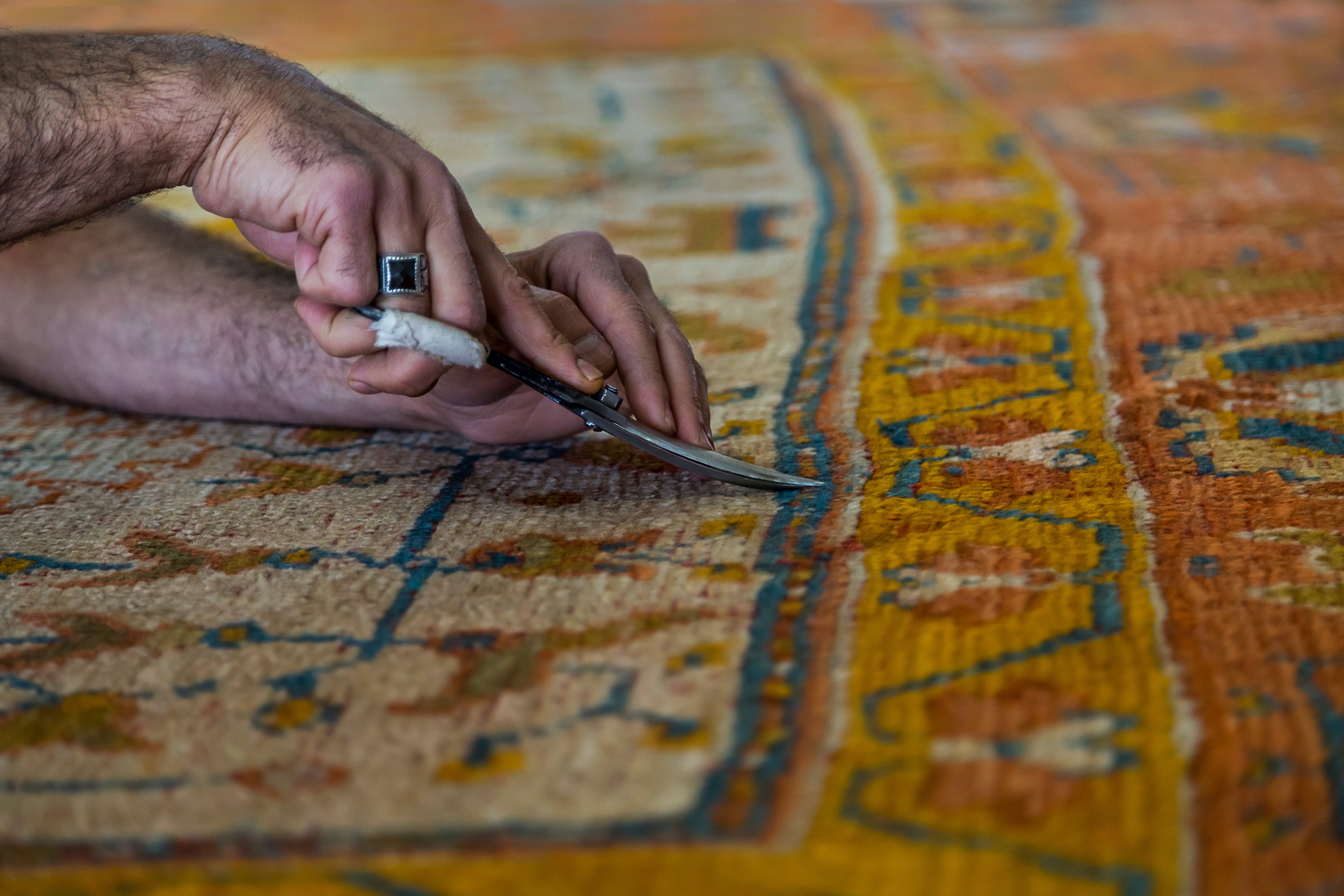 Repairing Turkish Oushak Rug by Hand
