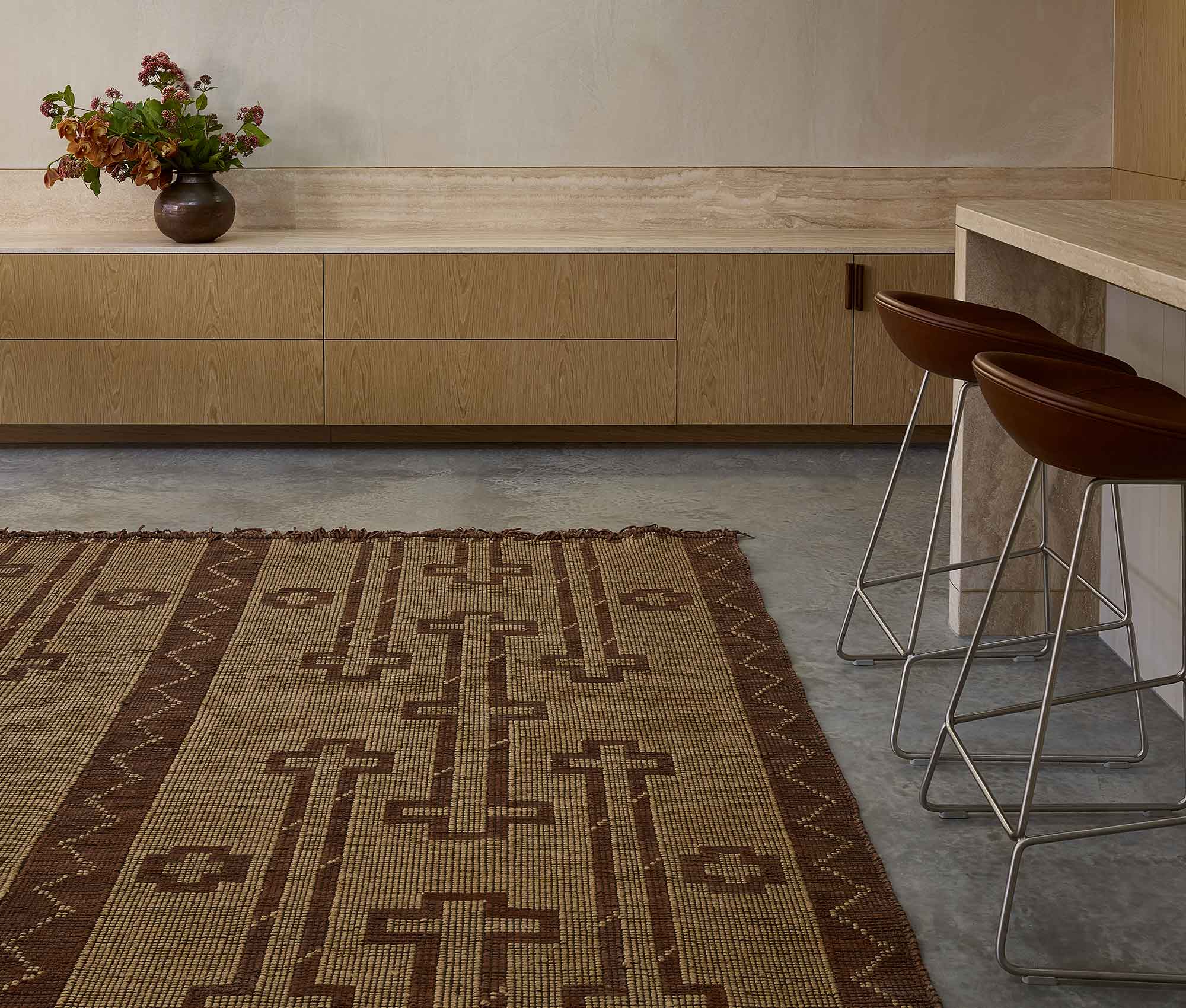 Taureg Hanknotted Jute and Leather Rug in Home Trial