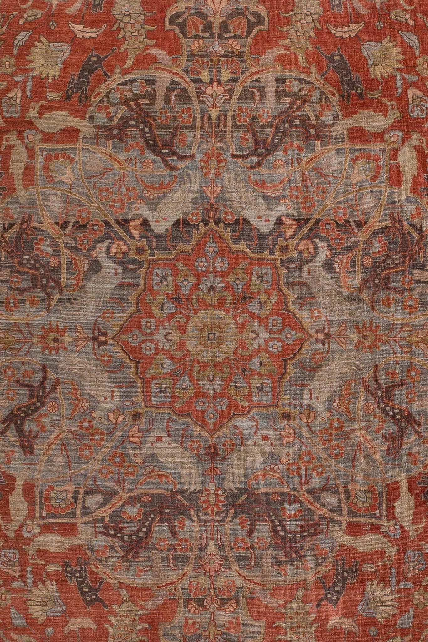 Close-up of Vintage Persian Tabriz rug in red, brown, and beige colours, wool rug, Classic Persian design rug, available in our showrooms in Sydney and Melbourne, shop rugs online - all across Australia
