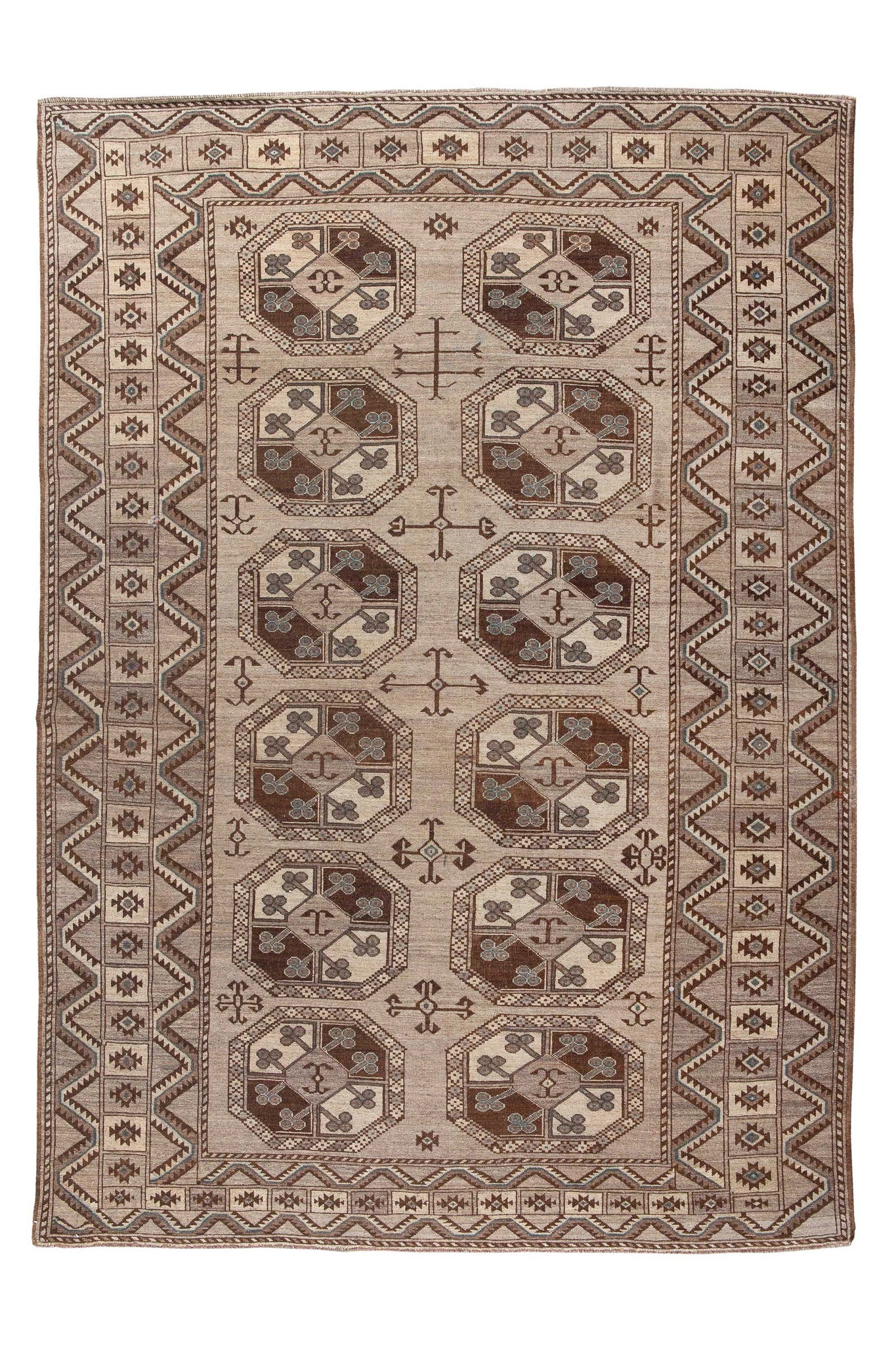 Full photo of Vintage rug called Turkoman, handwoven rug, made of wool, brown and beige rug, classic rug available in Sydney and Melbourne, Australia