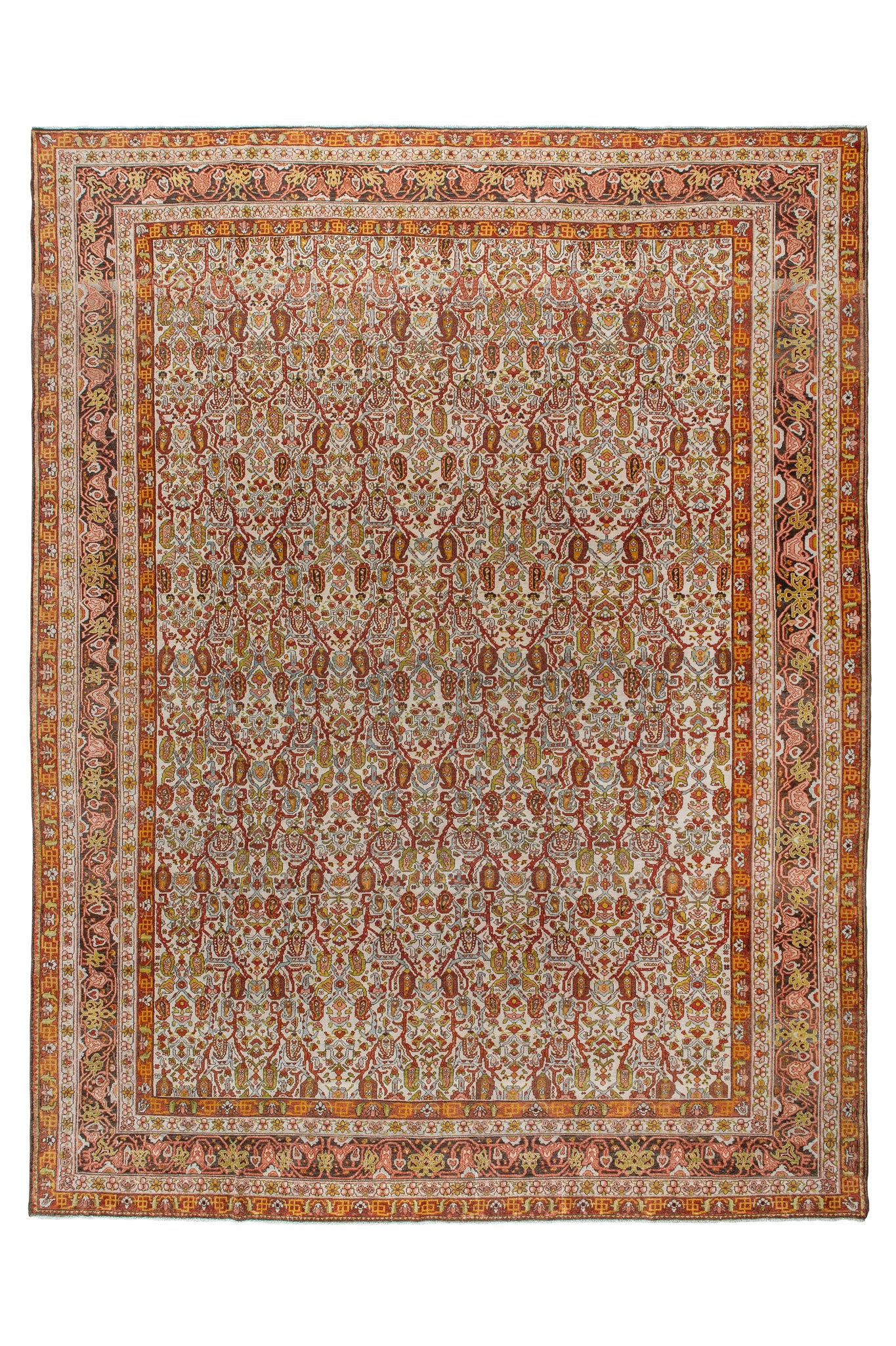 Full photo of Vintage Persian Sarouk Rug, Green, Terracotta, Yellow, Brown, Blue and full of different colors Persian Design Handwoven Rug, Available in our showrooms in Sydney & Melbourne, Australia