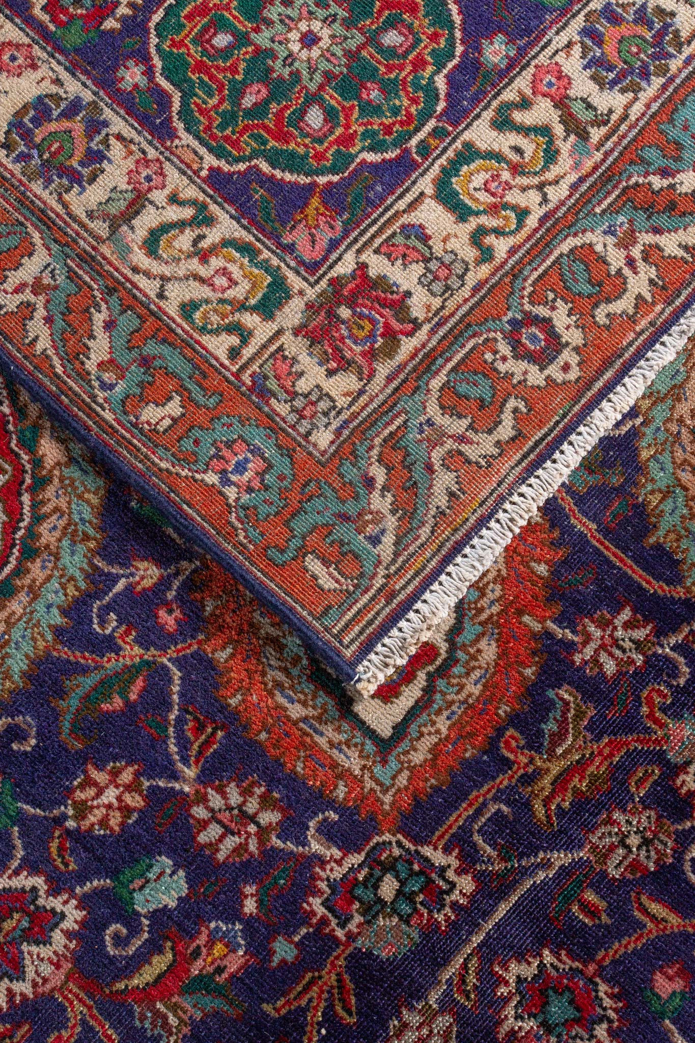 Back of Antique Persian Tabriz Rug, Handwoven rug, Persian floral medallion design, classic Persian rug