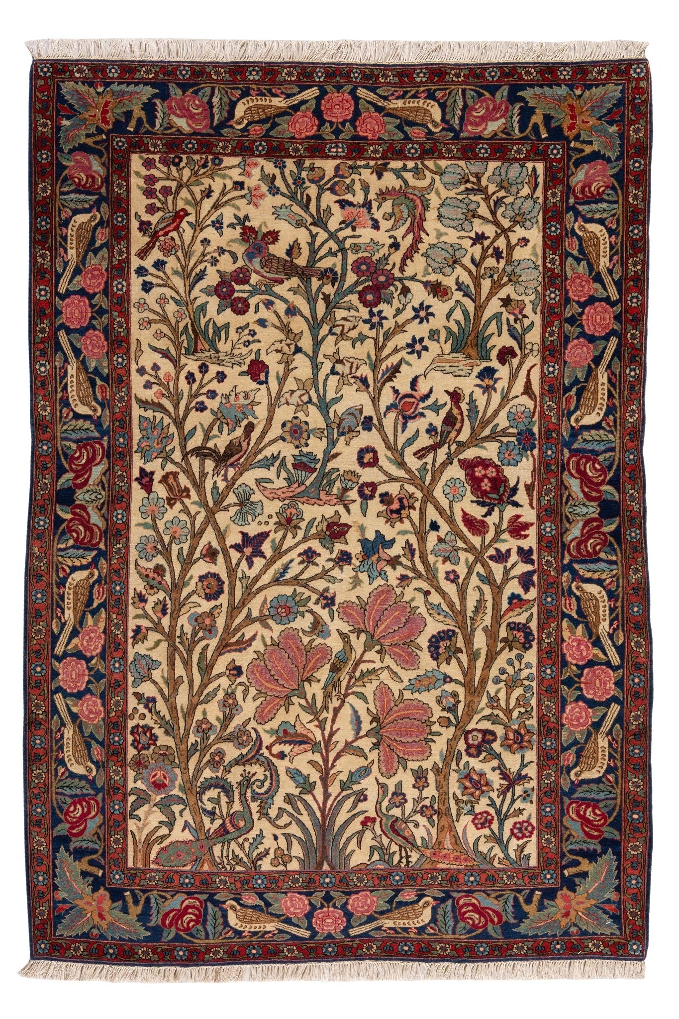 Full photo of a detailed floral and bird pattern and design of Antique Persian Kashan rug, available in our Sydney or Melbourne rug showroom