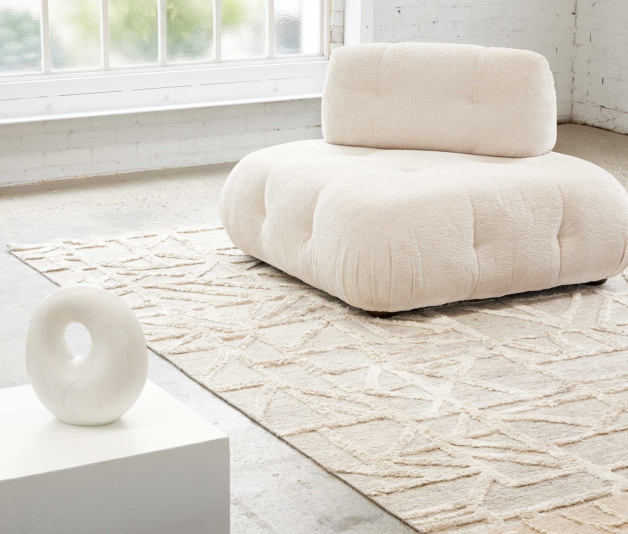 Contemporary Terra White Randomgrid Rug in sitting room in Potts Point NSW