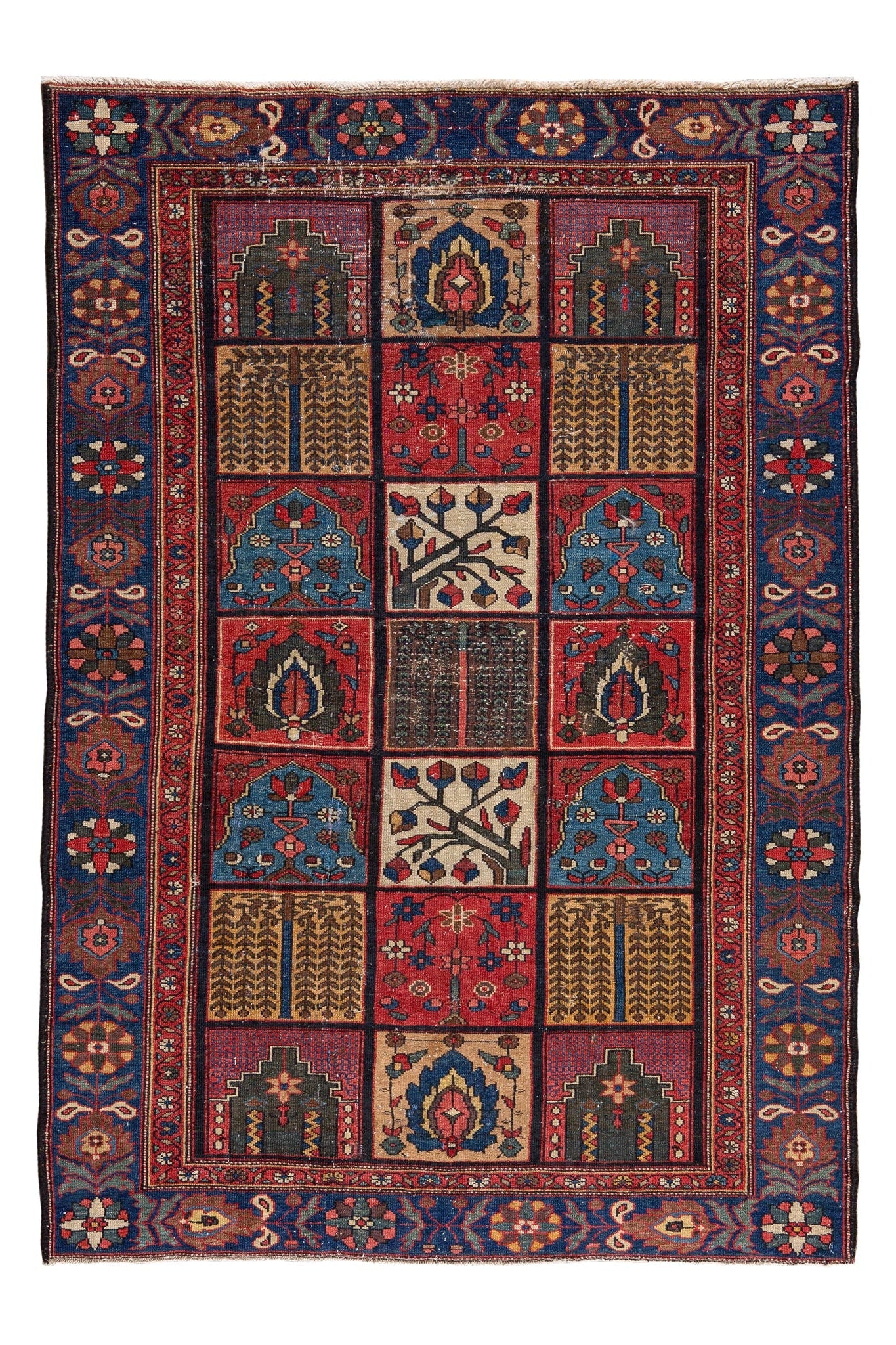 Full photo of handwoven rug called antique Persian Bakhtiar, Persian floral patchwork design and patterns called tree of life