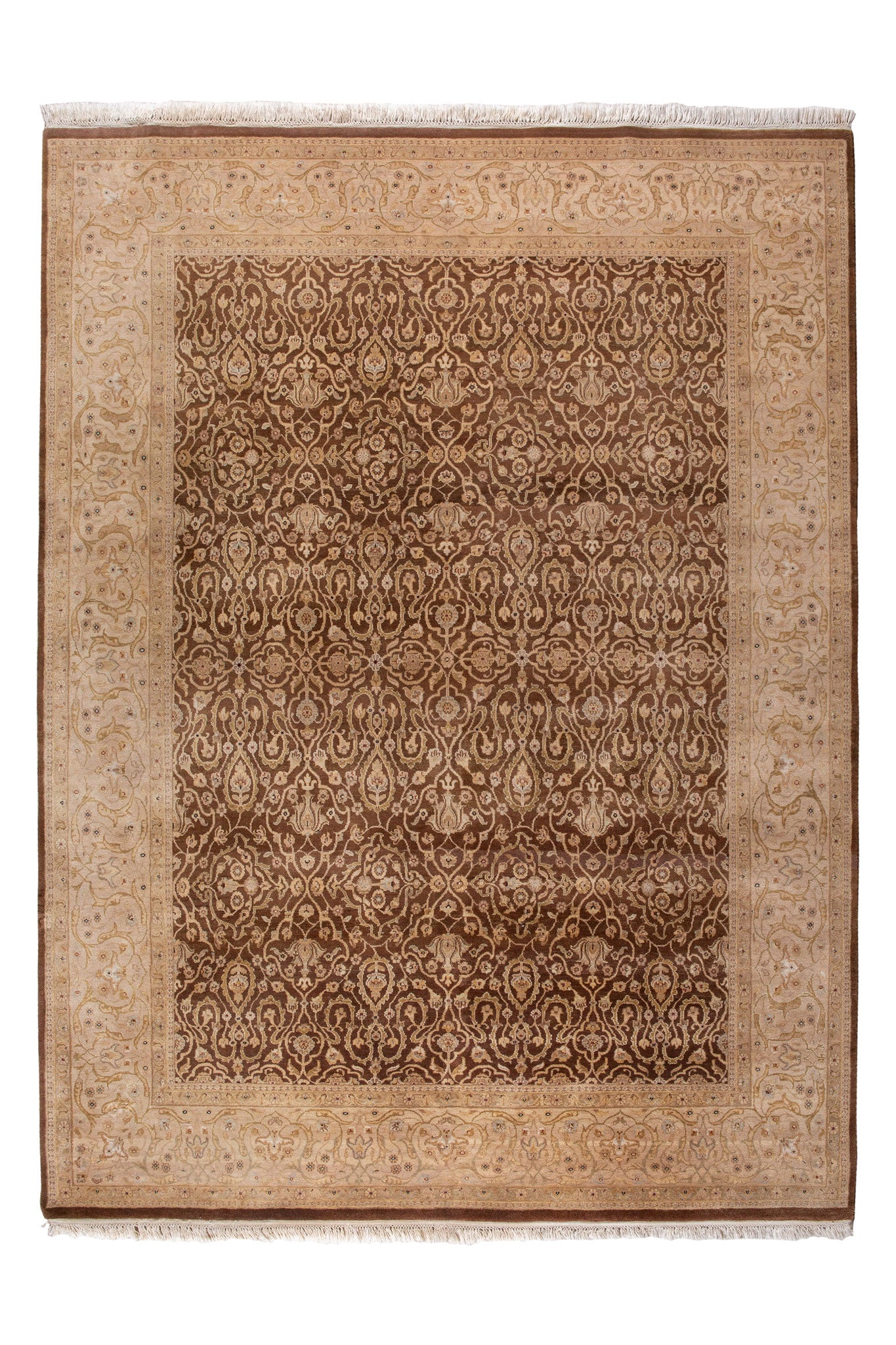 Full photo of  handwoven rug, brown and gold floral rug, Indian Revival Bidjar, classic design