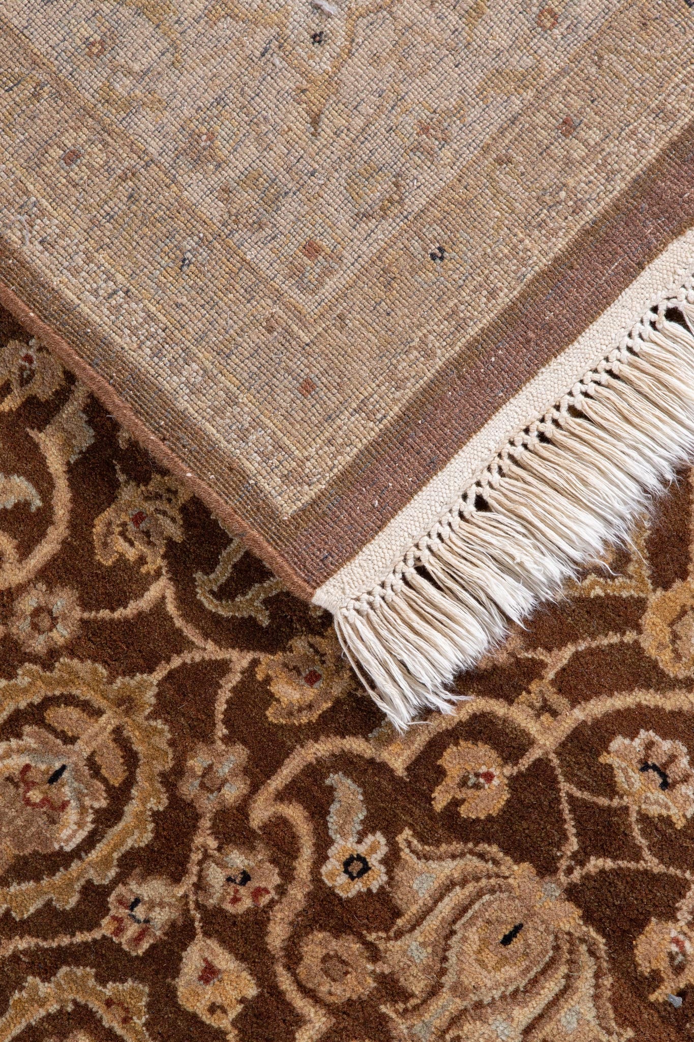 Back of handwoven rug, brown and gold floral rug, Indian Revival Bidjar Rug