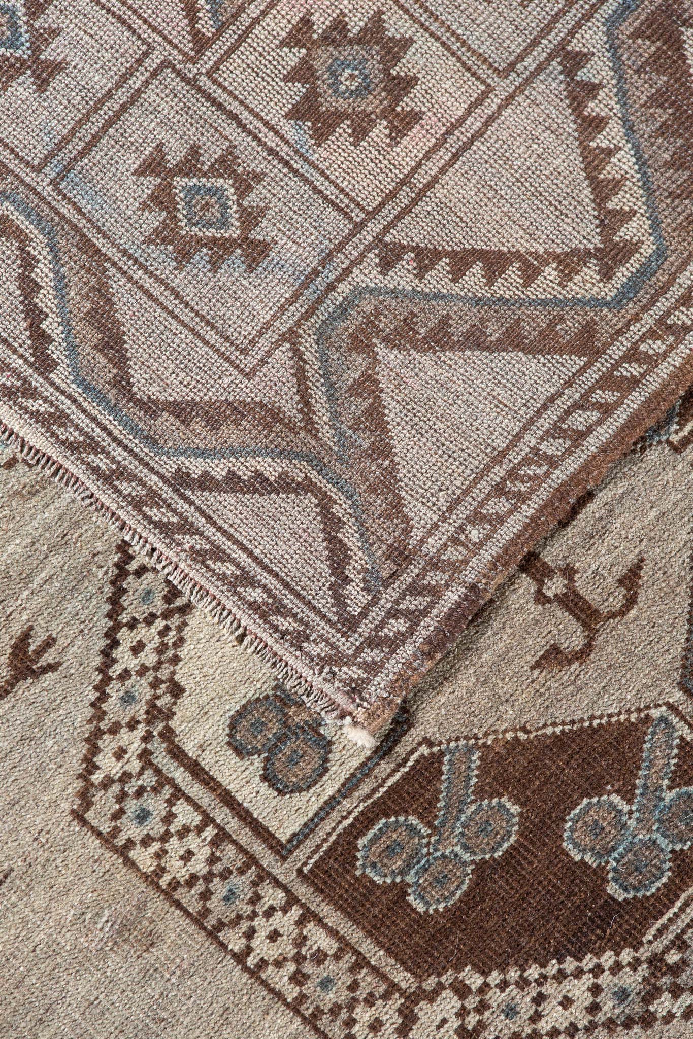 Back of Vintage rug called Turkoman, handwoven rug, made of wool, brown and beige rug, classic rug available in Sydney and Melbourne, Australia